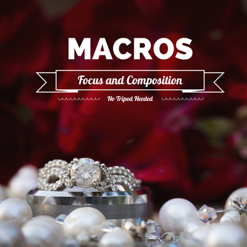 Macro photography tutorial. A macro image of a wedding ring and pearls with a background of red flowers. Focus and composition. No tripod needed.