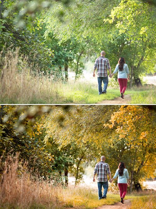 A before and after image of a couple walking though the woods. The after image showcases the effects of the Fall into Fall Photoshop Action and Lightroom Preset sets. It is warmer and replaces the green tones of the original with orange, red, and yellow tones.