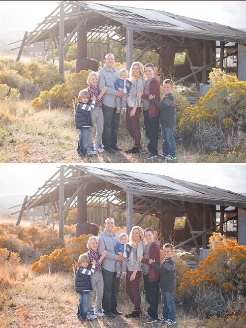A photo of a family standing a in front of an old decrepit barn with tall weeds. The after image showcases the effects of the Fall into Fall Photoshop Action and Lightroom Preset sets. It is warmer and replaces the green tones of the original image with more yellow, orange, and red hues and tones for a more autumn like appearance.