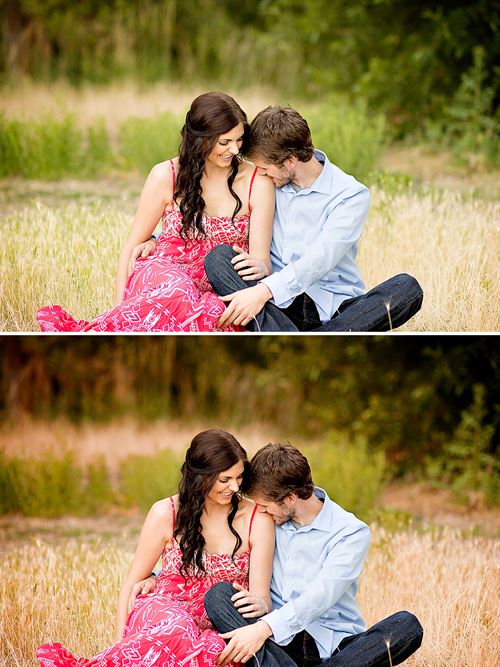 A photo of a couple sitting in tall grass. The after image showcases the effects of the Fall into Fall Photoshop Action and Lightroom Preset sets. It is warmer and replaces the green tones of the original image with more yellow, orange, and red hues and tones for a more autumn like appearance.