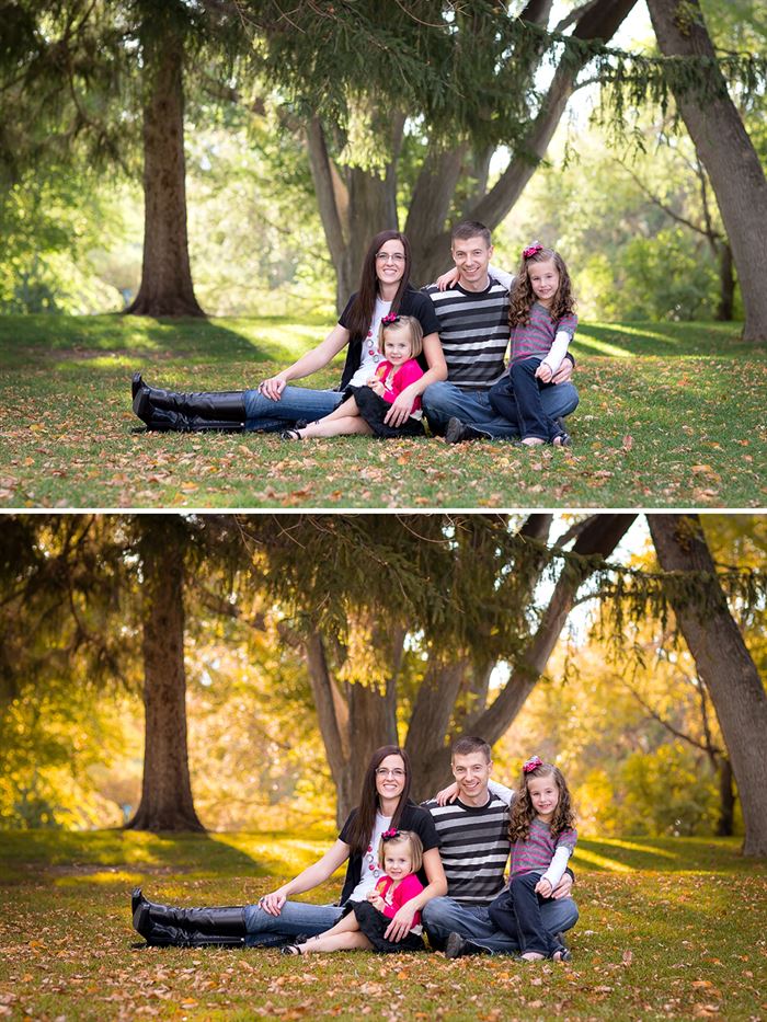 A photo of a family sitting in front of large weeping trees. The after image showcases the effects of the Fall into Fall Photoshop Action and Lightroom Preset sets. It is warmer and replaces the green tones of the original image with more yellow, orange, and red hues and tones for a more autumn like appearance.