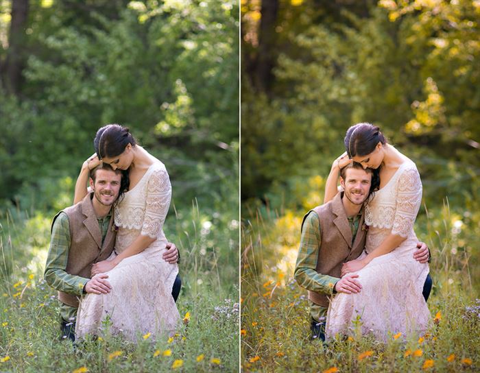 A photo of a couple sitting in tall grass. The after image showcases the effects of the Fall into Fall Photoshop Action and Lightroom Preset sets. It is warmer and replaces the green tones of the original image with more yellow, orange, and red hues and tones for a more autumn like appearance. This is a very gentle effect.