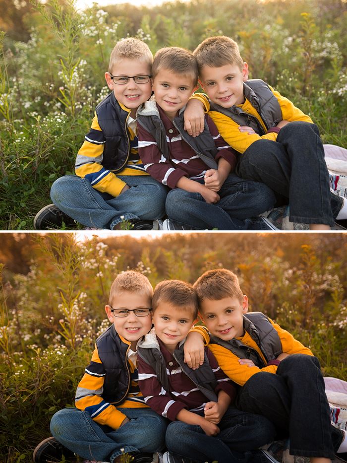 A photo of three brothers sitting in tall grass and wildflowers. The after image showcases the effects of the Fall into Fall Photoshop Action and Lightroom Preset sets. It is warmer and replaces the green tones of the original image with more yellow, orange, and red hues and tones for a more autumn like appearance.