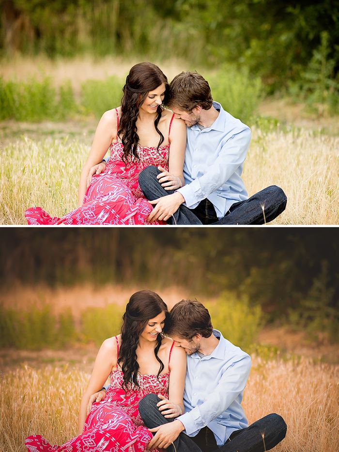 A photo of a couple sitting in tall grass. The after image showcases the effects of the Fall into Fall Photoshop Action and Lightroom Preset sets. It is warmer and replaces the green tones of the original image with more yellow, orange, and red hues and tones for a more autumn like appearance.