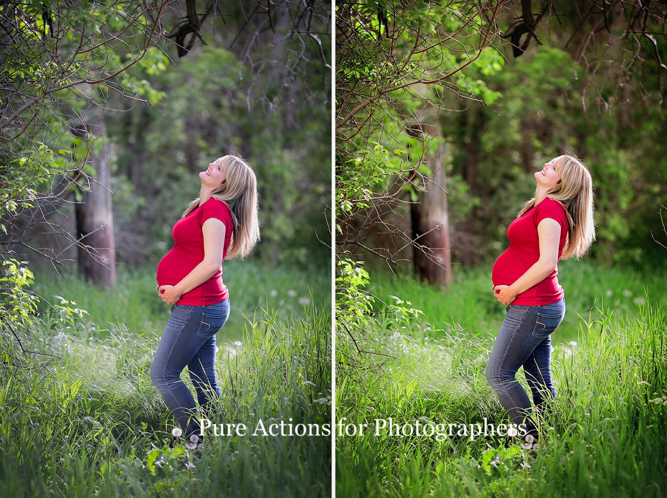 An image of a pregnant woman laughing in a forrest edited using Pure Essential Edit Photoshop Actions and Lightroom Presets.