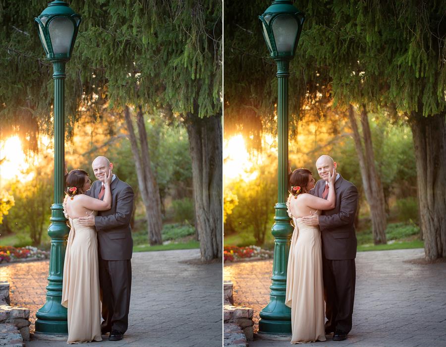 A before and after image of a couple standing in front of a green street lamp edited using Pure Essential Edit Photoshop Actions and Lightroom Presets.