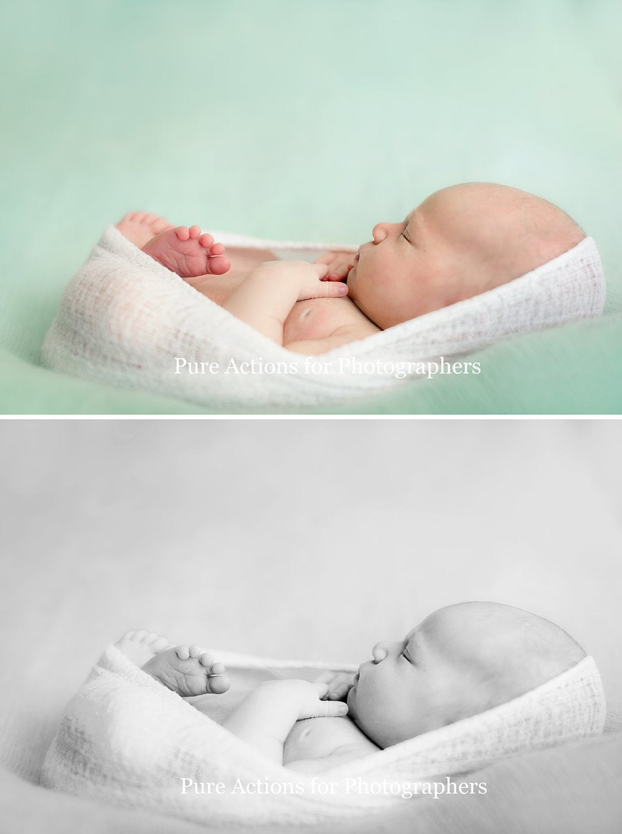 An image of a newborn baby wrapped in a white blanket. Edited with Pure Essential Edit Photoshop Actions and Lightroom Presets.