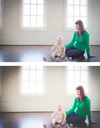 An image of a mother and a baby playing with blocks in front of a large window edited using Pure Lightroom Presets set 1.