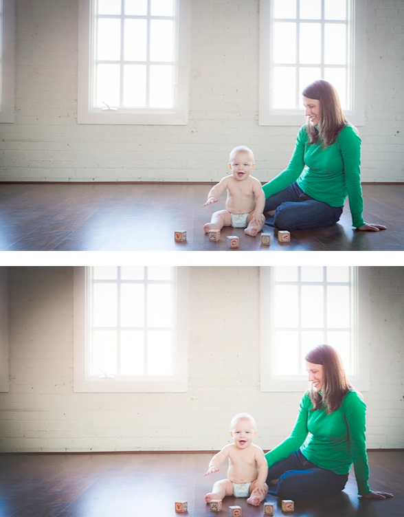 An image of a mother and a baby playing with blocks in front of a large window edited using Pure Lightroom Presets set 1.