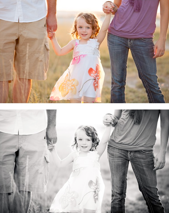 Two images of a couple holding hands with a young girl in rich backlight edited in color and black and white using Pure Presets 2