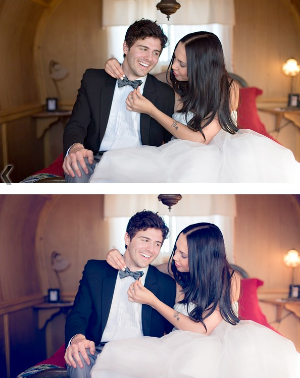 An image of a bride and groom sitting on an old fashioned sofa with the bride straightening the groom's tie. Edited using Pure Lightroom Presets set 2.