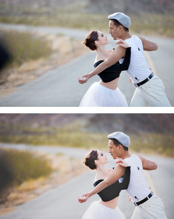 An image of a Dance couple standing in a rural road edited using Pure Lightroom Presets set 2.