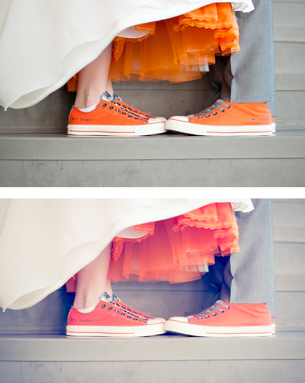 An image of a bride and groom standing on stairs with a close up of their shoes which are both orange converse shoes and the bride has her orange petticoat showing. Edited using Pure Lightroom Presets set 2.