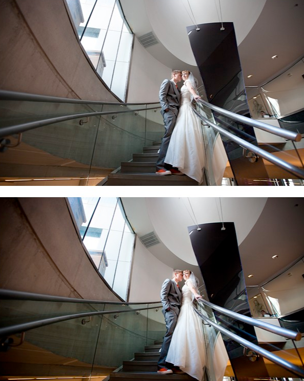 An image of a bride and groom standing on curved staircases edited using Pure Lightroom Presets set 2.