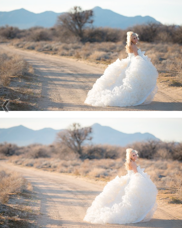 An image of a bride in a fluffy wedding dress walking down a dirt road edited using Pure Lightroom Presets volume 2.