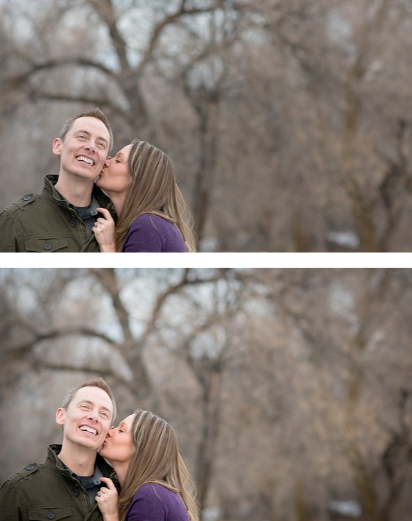An image of a couple kissing in a wintery scene. Edited using Pure Lightroom Presets Set 1.