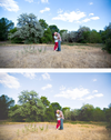 An image of a couple kissing in a large open field. Edited using Pure Lightroom Presets set 1.