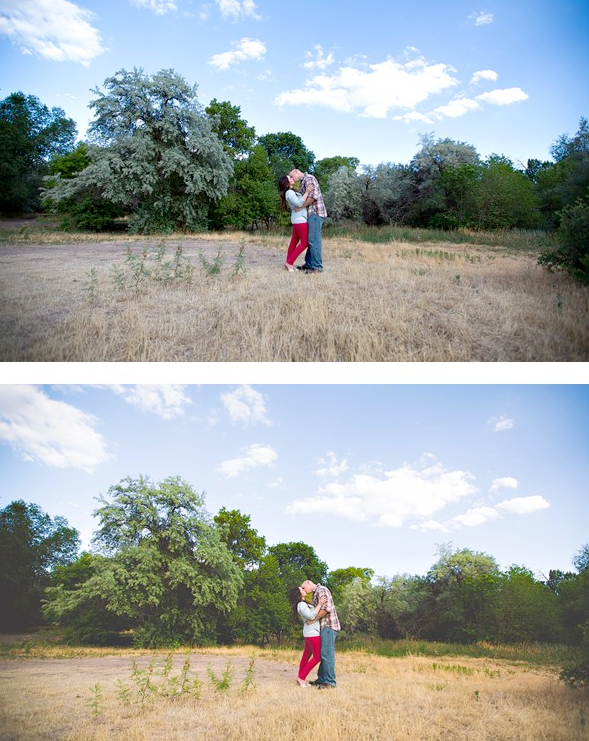 An image of a couple kissing in a large open field. Edited using Pure Lightroom Presets set 1.