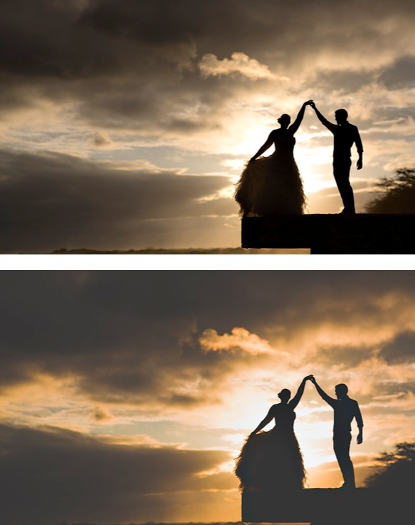An image of a bride and groom in silhouette edited using Pure Lightroom Presets set 2.