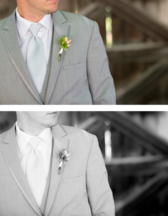 An image of a groom's boutonniere edited in color and black and white using Pure Lightroom Presets Set 2