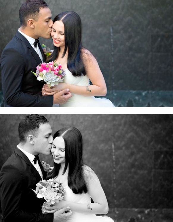 Two images of bride and groom, one in color and one in black and white, both edited with Pure Lightroom Presets volume 2.
