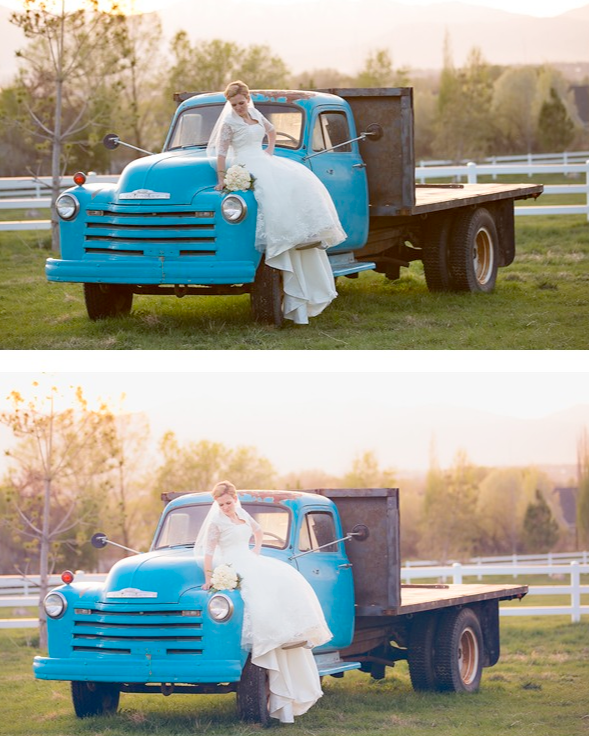 A before and after image of a bride sitting on an old blue farm truck edited using Pure Lightroom Presets set 2