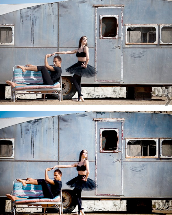 An image of two dancers in front of an old trailer edited using Pure Lightroom Presets set 1.