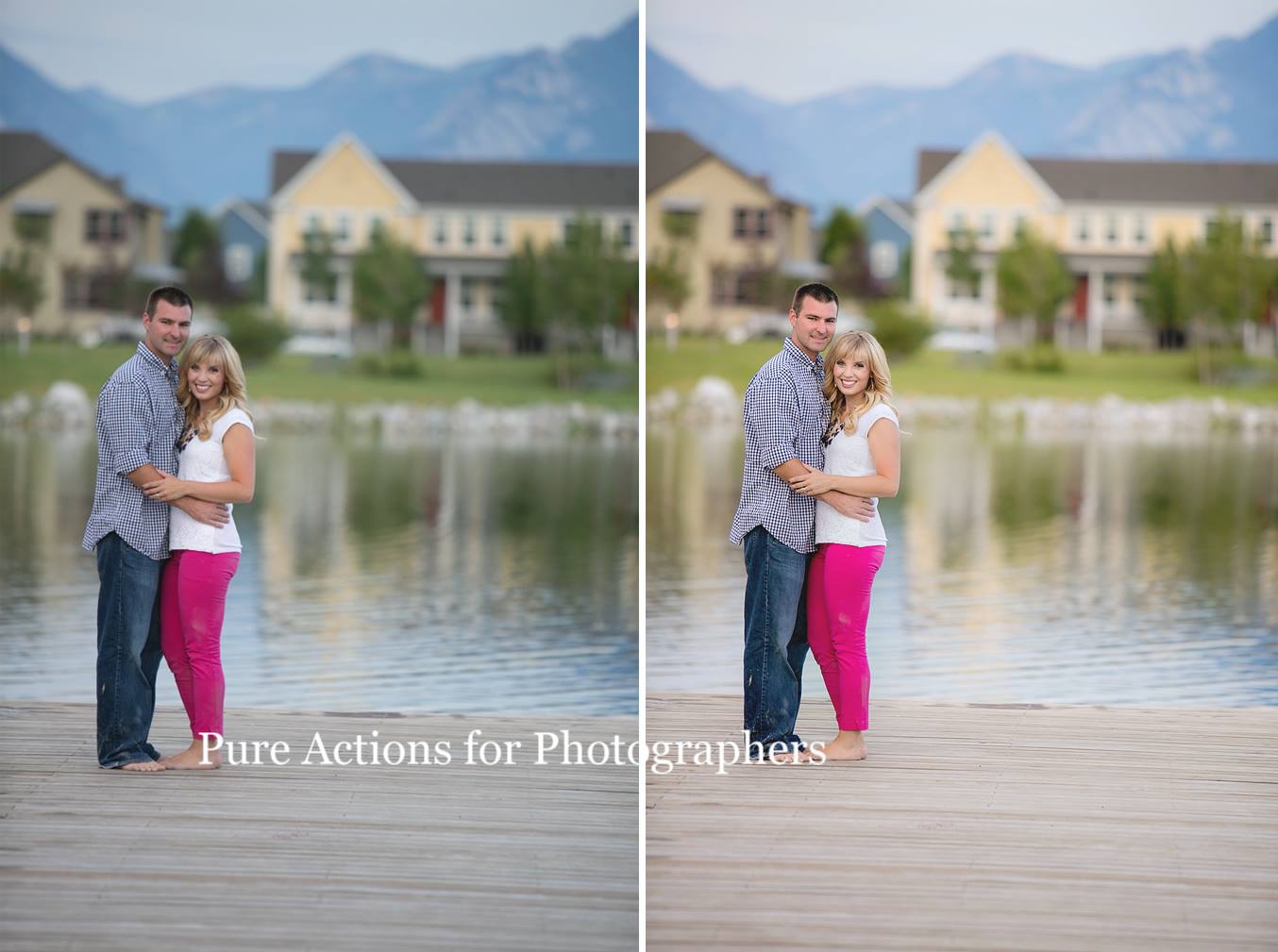 A before and after of a couple standing on a dock with the after image demonstrating the effects of the Quick Clicks Photoshop Actions or Lightroom presets as it is brighter with more color pop and contrast boost and looks more polished and professional.