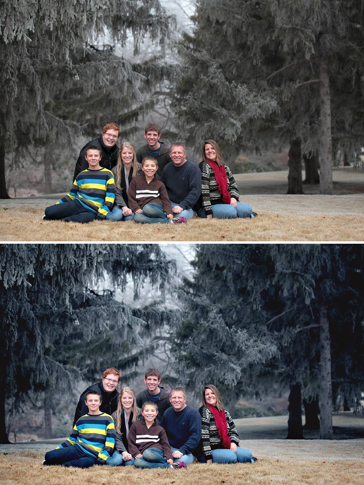 A before and after of a family in a wintery evergreen venue with the after image demonstrating the effects of the Quick Clicks Photoshop Actions or Lightroom presets as it is brighter with more color pop and contrast boost and looks more polished and professional.