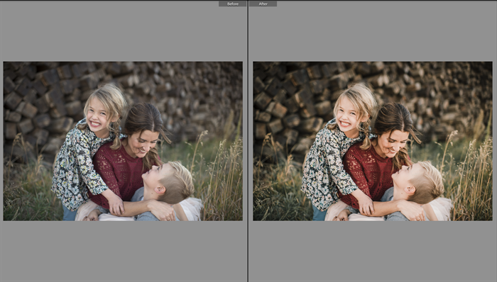 An image of a mother and two children playing in tall weeds in front of a large stack of chopped firewood edited using the Pure Soft and Airy Photoshop Actions and Lightroom Presets.