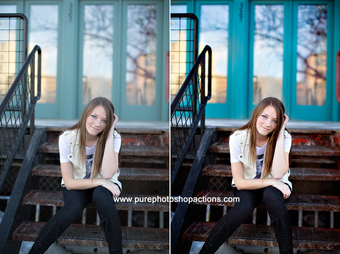 A teenaged girl sitting on urban steps with blue doors behind her. The after image has much more pop and contrast and color glows compared to the before action. Edited with Pure Summer Photoshop Actions and Lightroom Presets.