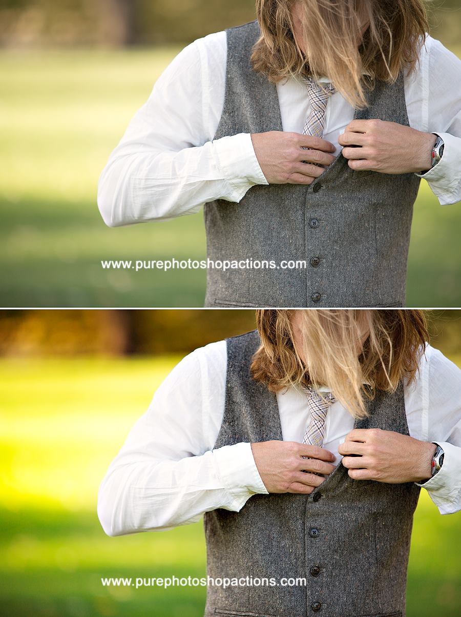 Details of a groom buttoning his vest. The after image has much more pop and contrast and color glows compared to the before action. Edited with Pure Summer Photoshop Actions and Lightroom Presets.