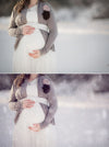 A before and after image of a pregnant woman in a snowy field with the after showing the effects of the Pure Winter Wonderland Photoshop Action set bringing realistic looking snowflakes and a cool wintery tone to the image.