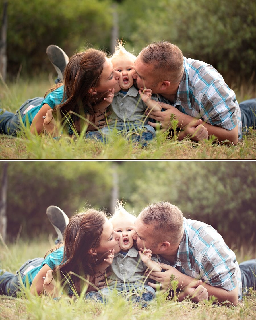 A Vintage toned image of a couple with a baby in a dreamy field location edited using Purely Vintage Photoshop Actions.