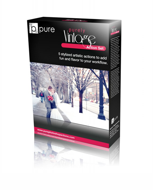 A product box for the Purely Vintage Photoshop Action set by Pure.