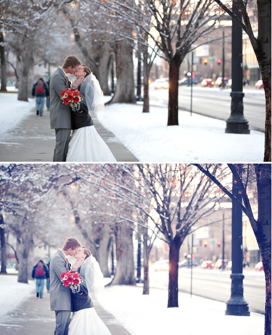 A straight out of camera before and after with the after being a Vintage toned image of a couple in a dreamy winter urban location edited using Purely Vintage Photoshop Actions.