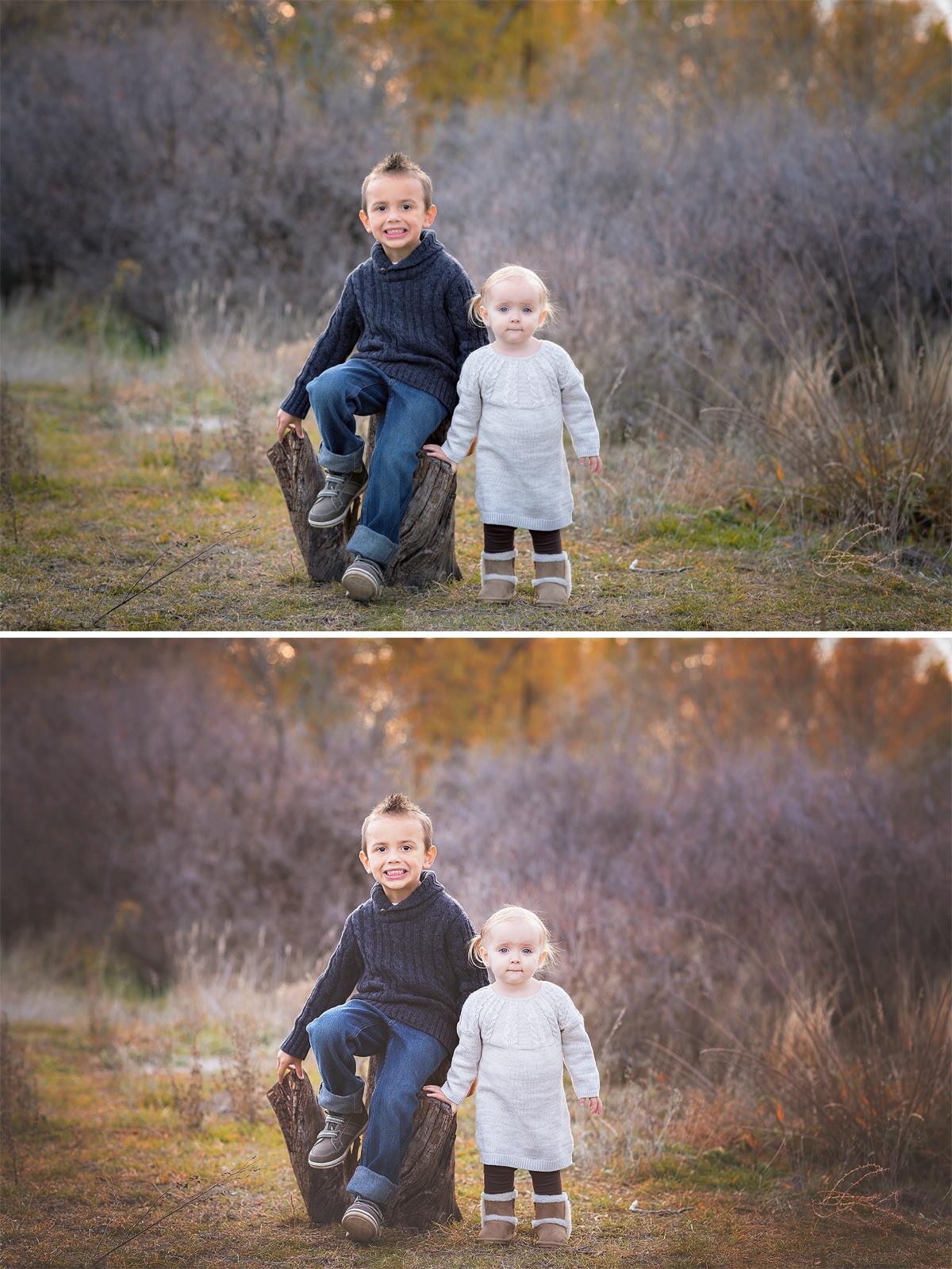 A young boy and baby girl standing in a field by a stump. The second image in the before after demonstrates the effects of the Quick Clicks Lightroom presets. There is more contrast and the colors are deeper and richer with good white balance.