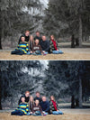 A before and after of a family sitting in front of icy, wintery trees demonstrating the Quick Clicks Lightroom Presets. The second image has more contrast, white balance, and sharpness as well as color pop.