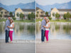 A before after image of a couple standing on a pier in front of a lake with houses across the lake. The second image showcases the effects of the Pure Quick Clicks set and is a soft edit with some lovely pop but a few soft tone to the image.