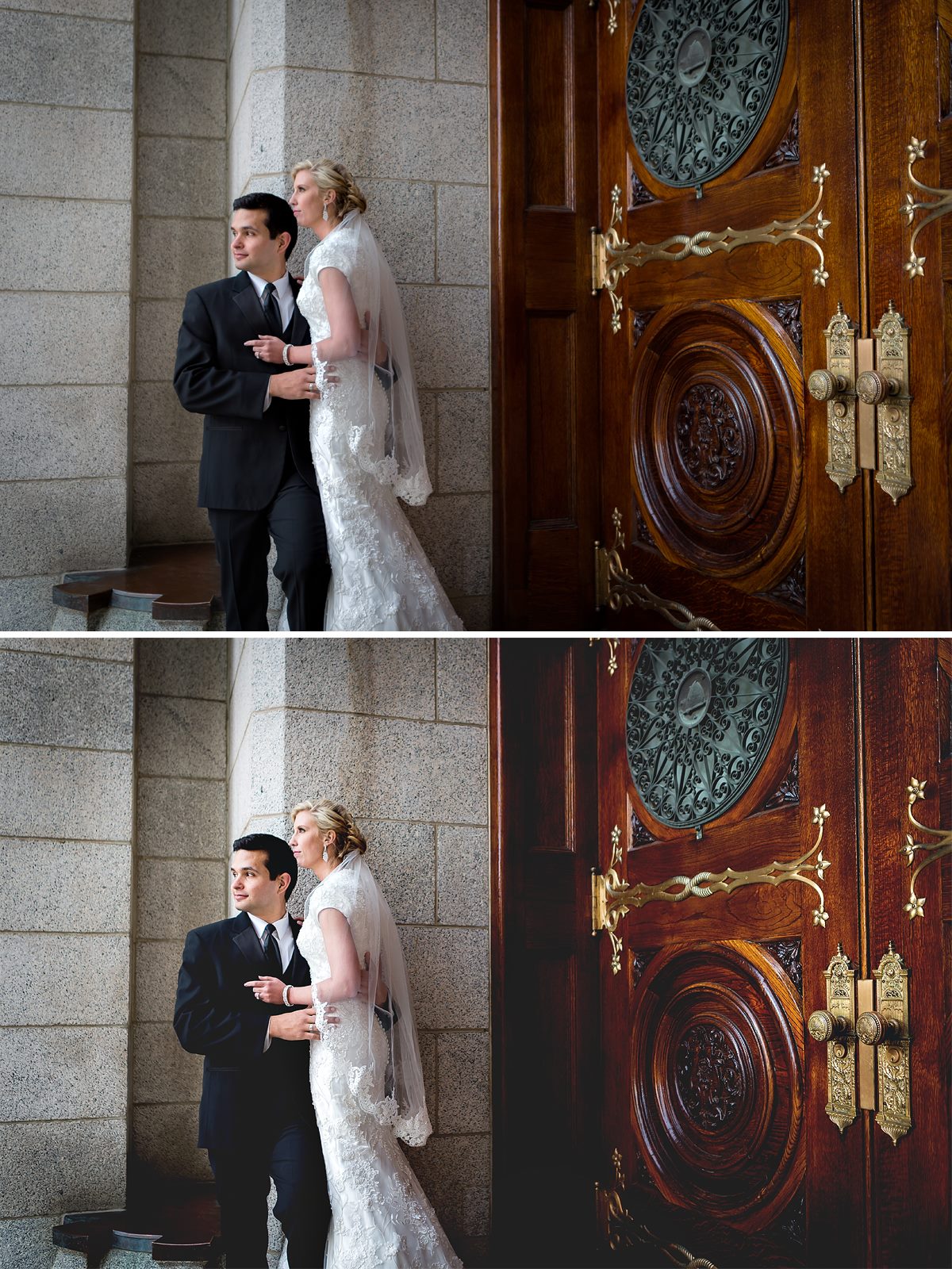 A before and after of a couple standing in front of large ornate wooden doors with the after image demonstrating the effects of the Quick Clicks Photoshop Actions or Lightroom presets as it is brighter with more color pop and contrast boost and looks more polished and professional.