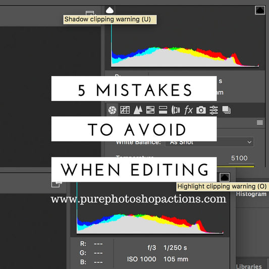 An image of histograms in Adobe Lightroom with black text on white background that says Five Mistakes to Avoid When Editing. Pure Photoshop Actions,