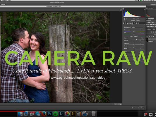 An image of a couple standing against an old piece of wood in a forest setting and the text says CAMERA RAW: Using it inside of Photoshop, even if you shoot jpegs.