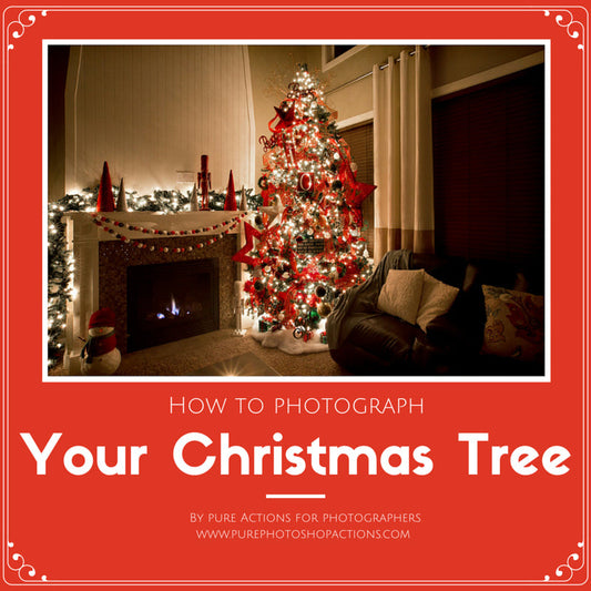 A photograph of a Christmas tree and decorated fireplace mantel with white text that says How to Photograph Your Christmas Tree.