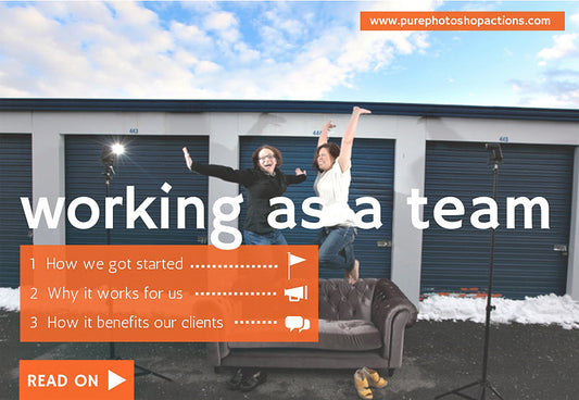 An image of us jumping on a velvet couch in a storage facility with flashes on two sides.  The text says "Working as a team:  How we got started, why it works for us, and how it benefits our clients."
