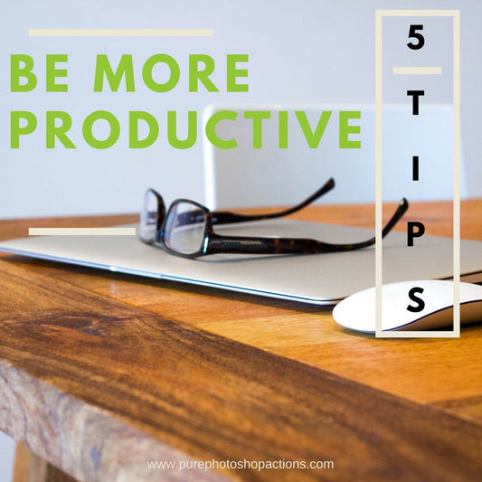 An image of a closed laptop on a wooden desk with a mouse and a pair of glasses with the text saying 5 steps: Be More Productive.  Pure Photoshop Actions.