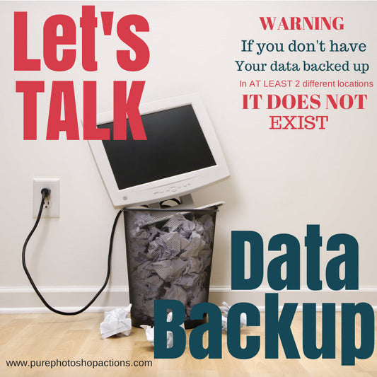 An image with a computer in an overfull trash can.  The text says Let's Talk about Data Backup.  Warning:  If you don't have your data backed up in at least two places, it does not exist.