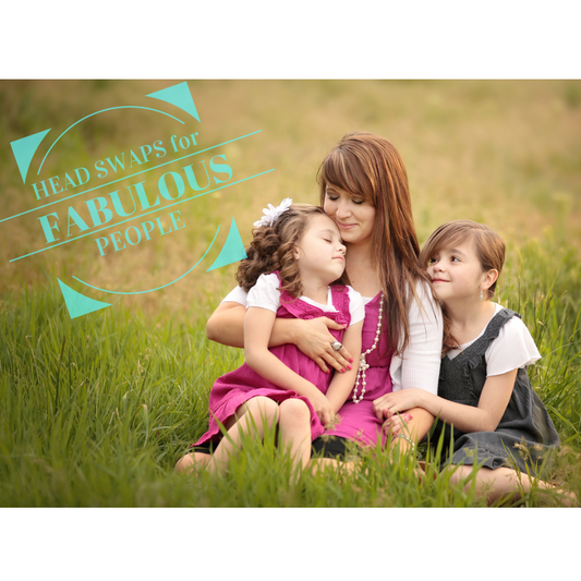 An image of a mother with her two children, cuddled in tall grass, edited with Pure Photoshop Actions and Lightroom Presets.  The text in aqua says Head Swaps for Fabulous People.