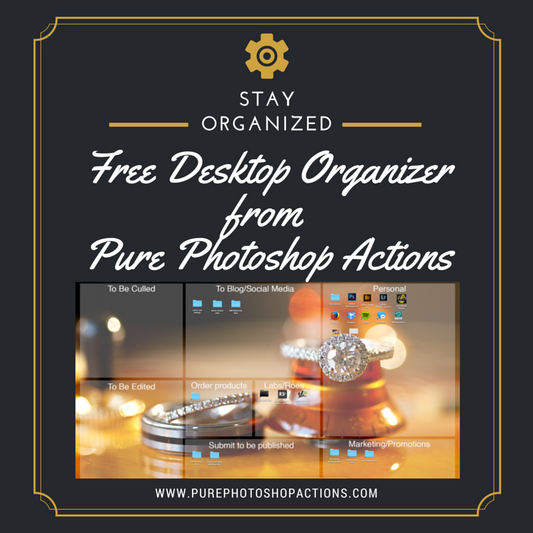 An image of a free Photoshop desktop organizer for Photographers with a wedding ring on a guitar with the text that says Stay Organized--Free Desktop Organizer from Pure Photoshop Actions.