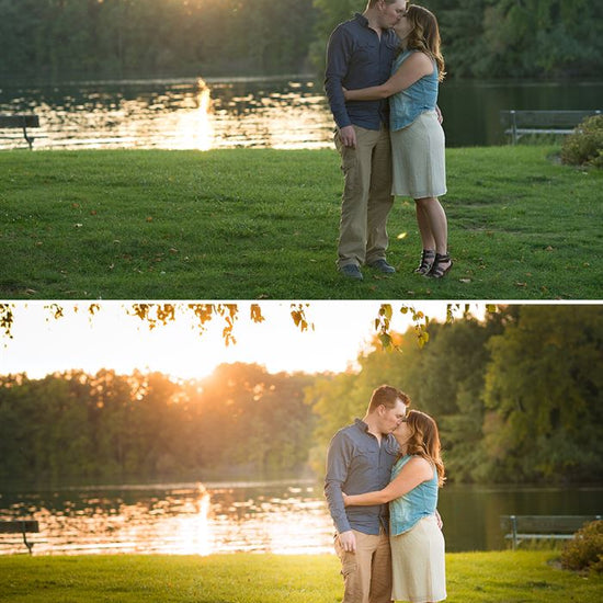 A before after image of a couple kissing in a sunset lake setting with the after image demonstrating the effects of the fall into fall photoshop action lightroom preset set.  It looks warmer and more fall toned. 