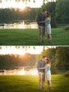 A before after image of a couple kissing in a sunset lake setting with the after image demonstrating the effects of the fall into fall photoshop action lightroom preset set.  It looks warmer and more fall toned. 